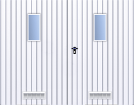 Zweiflügeltor gefüllt mit T-10 Trapezblech, Senkrecht Anordnung der Torfüllung, Tor mit Fenstereinsätzen in senkrechter Anordnung und mit Belüftungsgitter